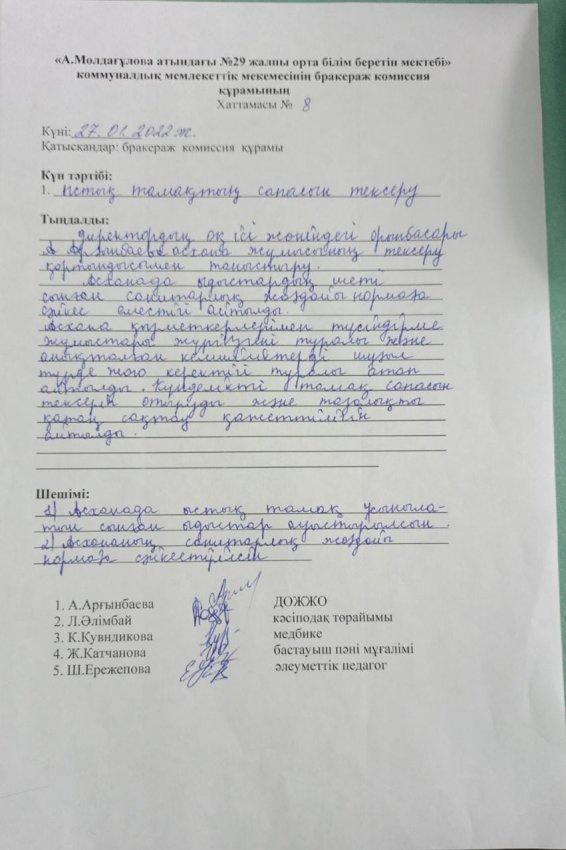 №29 ЖОББМ 27.01.2022 жылғы ТАМАҚТАНДЫРУДЫҢ САПАЛЫҚ МОНИТОРИНГІ